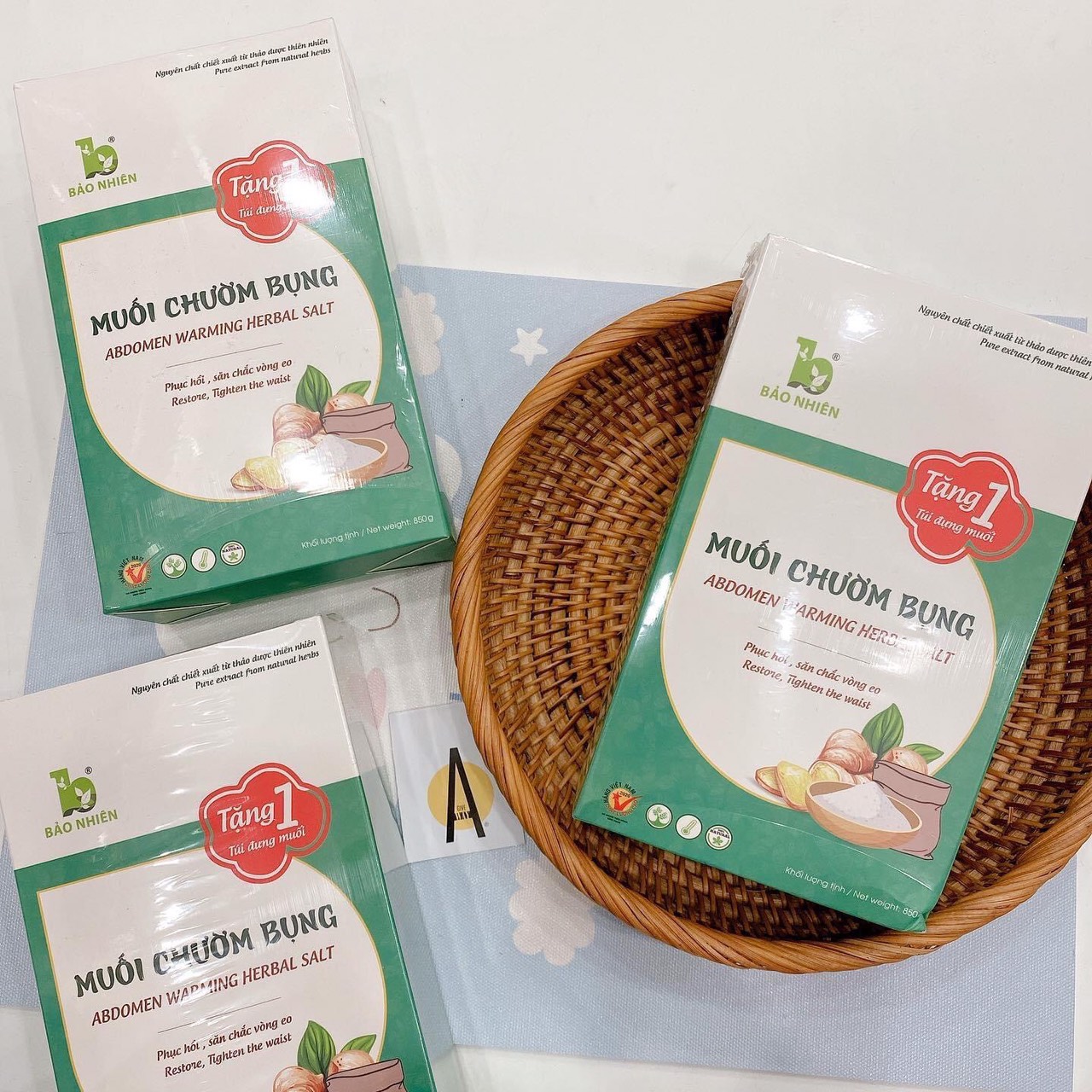 Muối chườm bụng Bảo Nhiên 850g giúp Săn bụng – Giảm eo – Mờ rạn + Tặng kèm túi đựng muối trong mỗi hộp