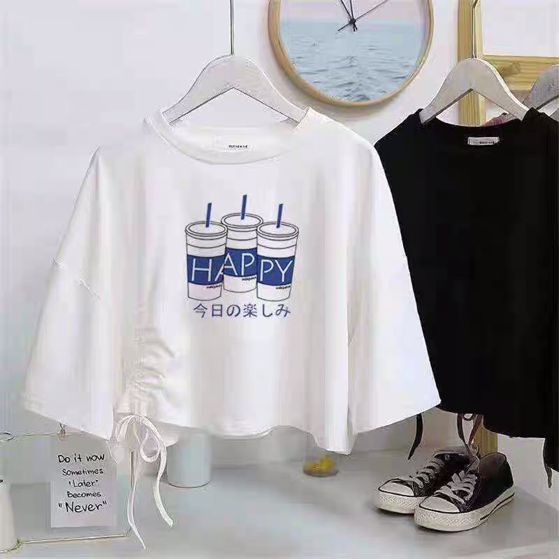 ÁO CROPTOP DÂY RÚT EO IN HÌNH DỄ THƯƠNG