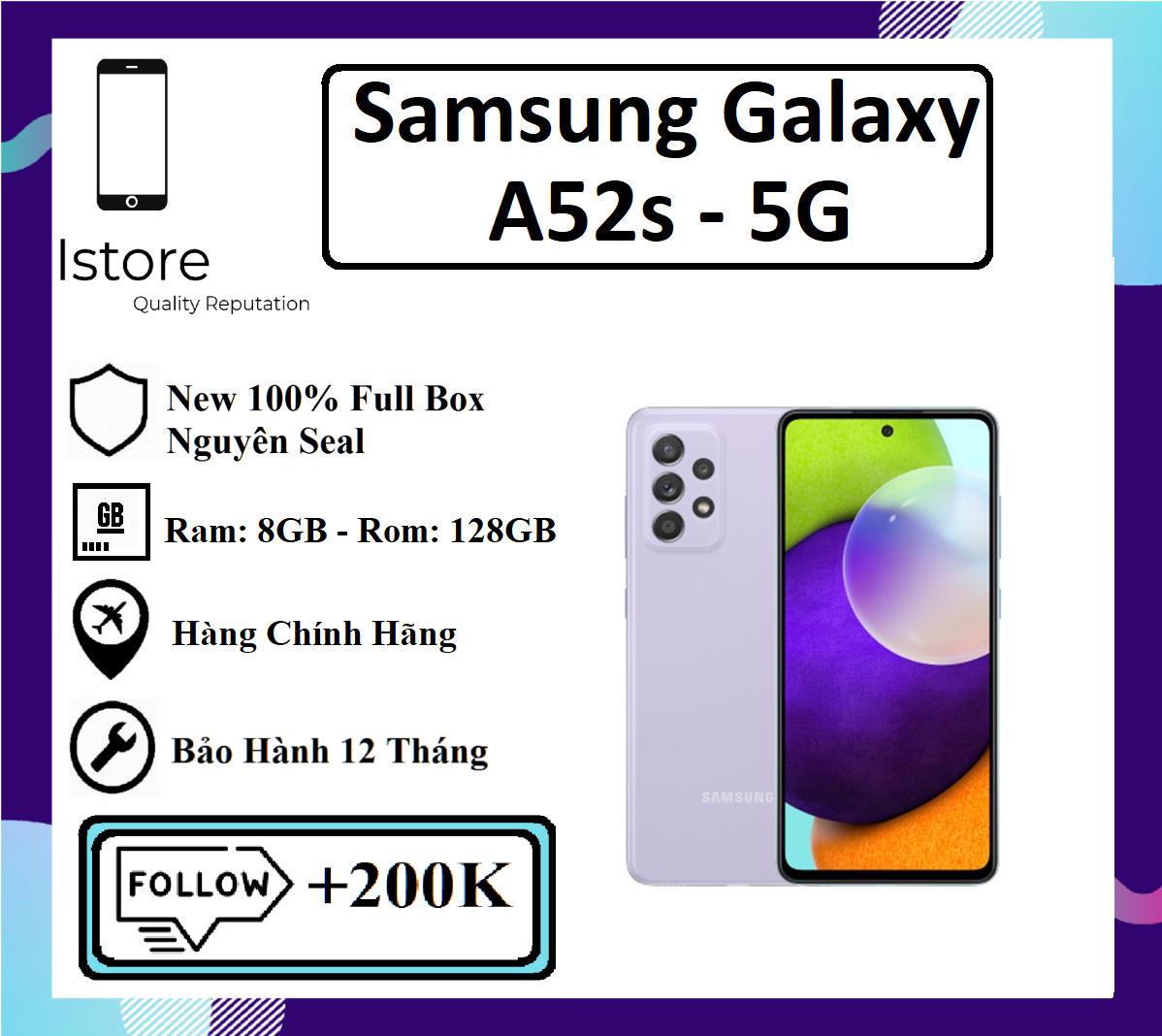 [Trả góp 0%]Điện Thoại Samsung Galaxy A52s 5G - 8GB|128GB- Hàng Chính Hãng