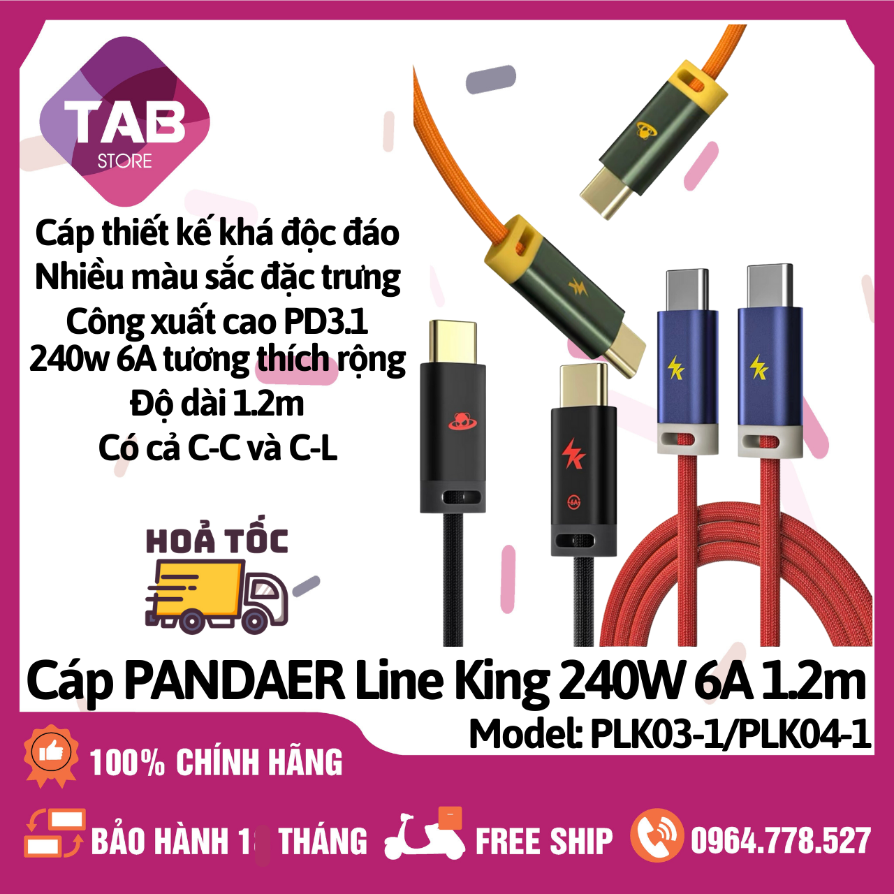 Cáp sạc nhanh pandaer line king 240w 6a 1.2m c-c và c-l chính hãng - plk03-1/plk04-1