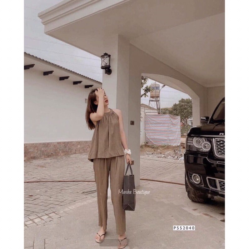 Sét đũi áo yếm quần baggy, bộ đũi áo yếm quần baggy 2 màu nâu/be chất đũi mềm mát