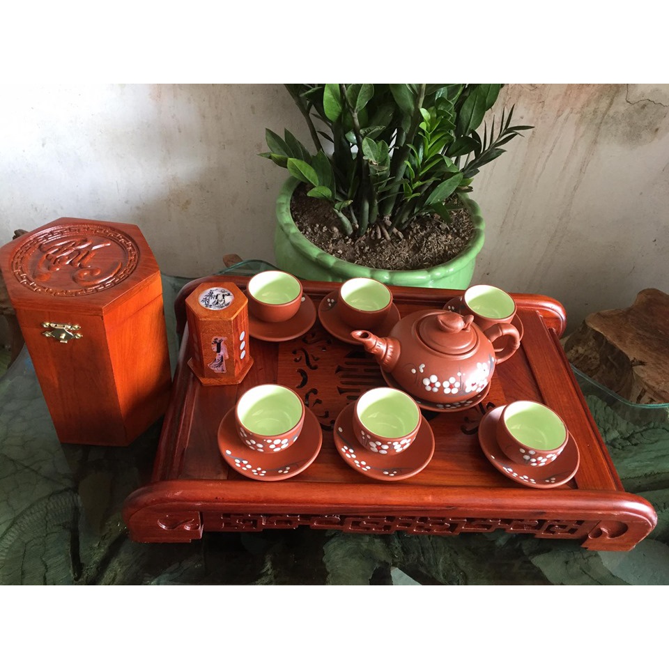 [ Tặng bộ ấm chén Bát Tràng ] Khay trà chân cuốn thư gỗ Hương