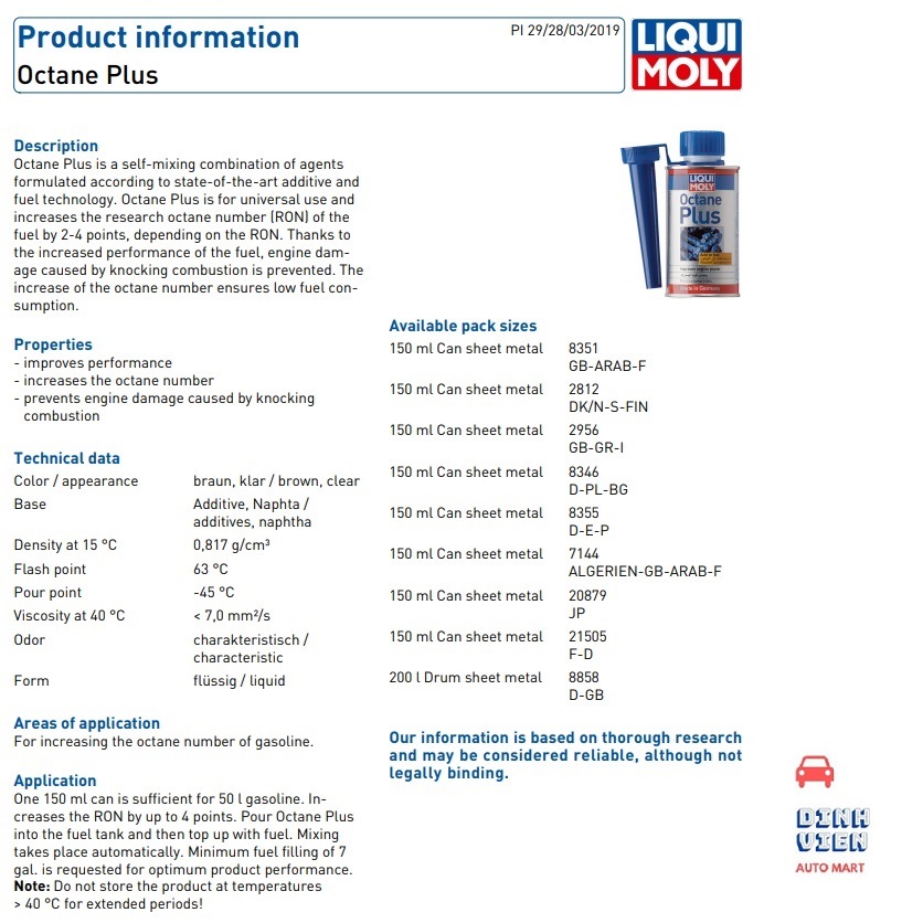 [HCM]Phụ Gia Tăng Chỉ Số Octan Liqui Moly Octane Plus 2956 (150ml)