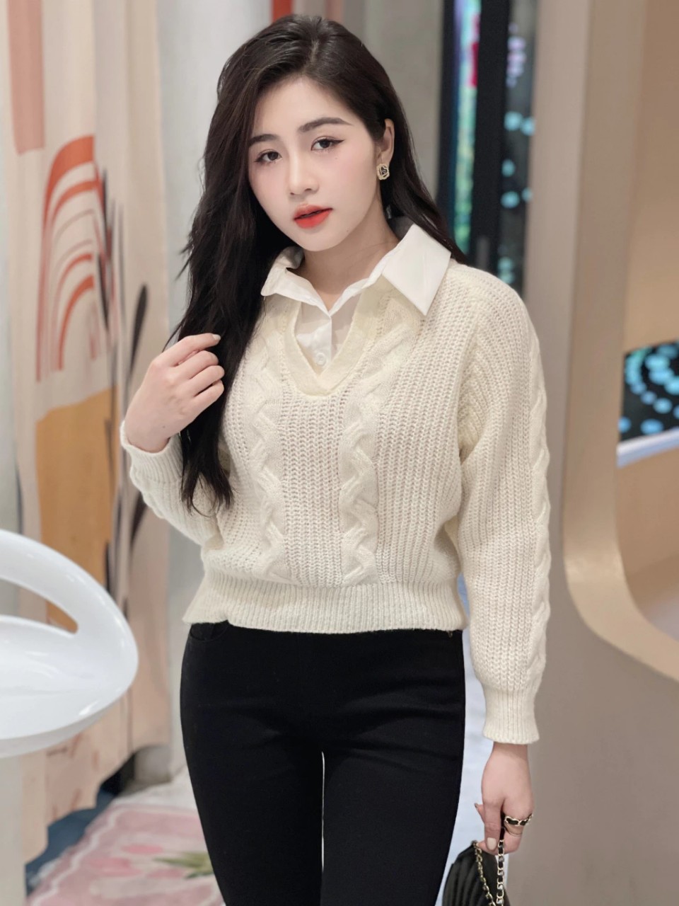 áo len phối cổ sơ mi chuẩn hàng QC