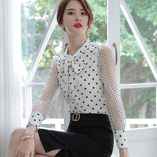 [HCM]ÁO SƠ MI CÔNG SỞ NỮ CHẤM BI TAY PHỐI LƯỚI CAO CẤP