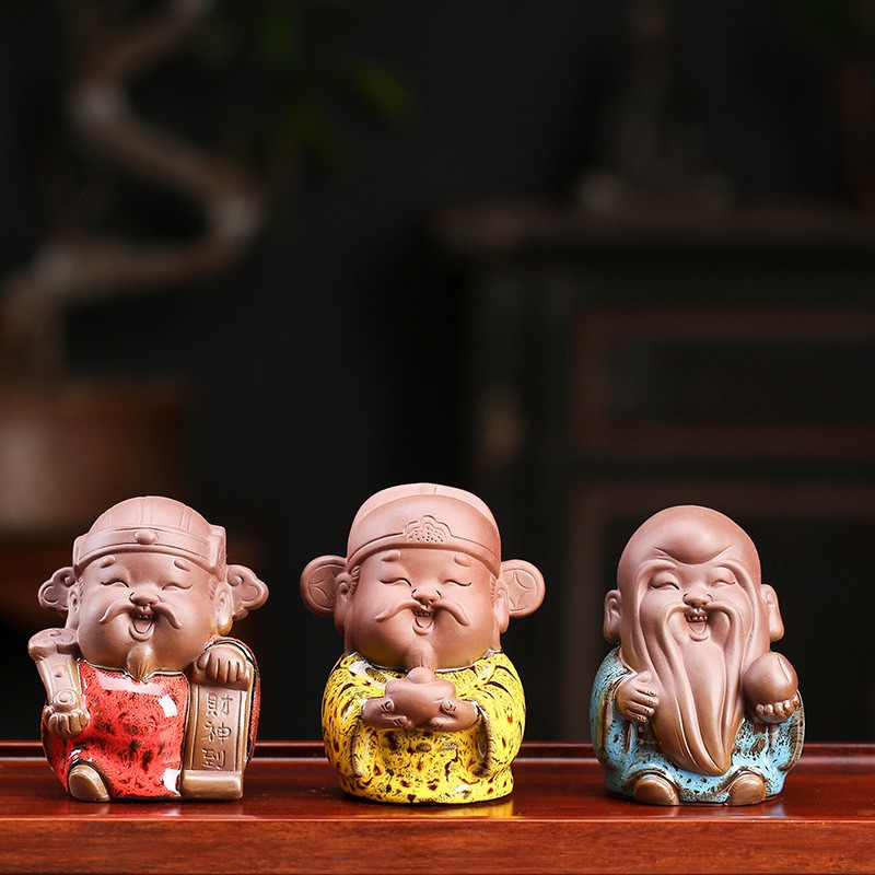 Tượng Tam Đa Gốm Tử Sa Men Bóng Đặc Biệt- Tượng Gốm Tam Đa Trang Trí Decor Bàn Trà, Tiểu Cảnh Bonsai Phối Lũa