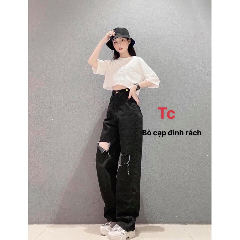 Quần jean nữ ống suông khuy rách gối