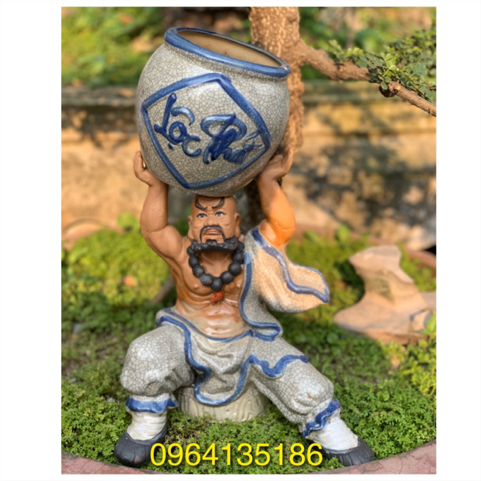 Tượng la hán men rạn nâng bình cây h40cm gốm sứ Bát Tràng
