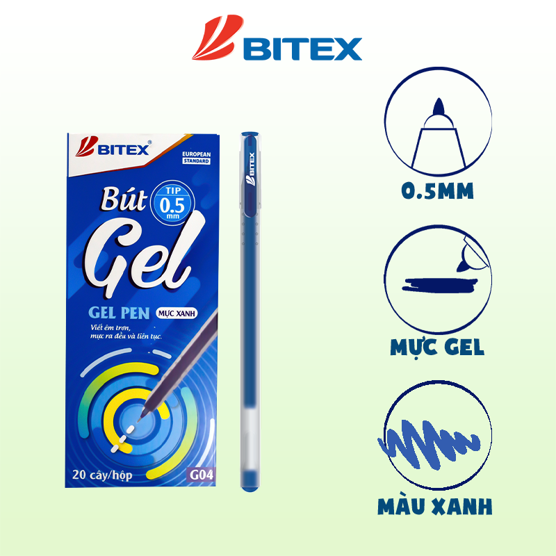 Bút gel Bitex mực xanh, đỏ, đen G04 (1 cây)