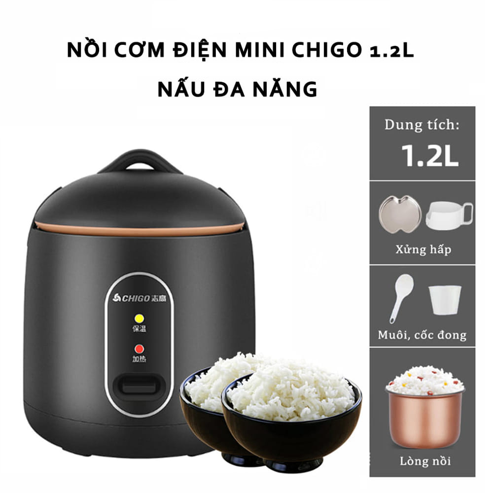 Nồi Cơm Điện Chigo 1,2L, Nồi Cơm Mini Nấu Đa Năng, Nấu Cơm, Hầm Cháo, Hấp, Xào, Luộc Tiết Kiệm Điện Năng Thiết Kế Tháo Rời Để Bạn Dễ Dàng Vệ Sinh, Cất Giữ Sau Khi Sử Dụng