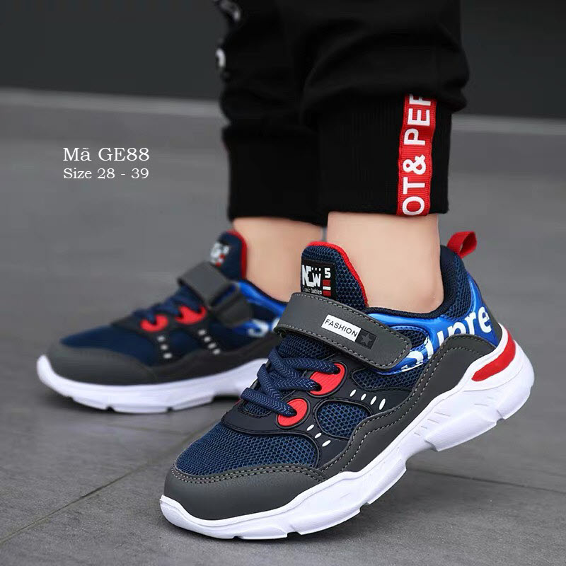 Giày thể thao bé trai 4 5 6 7 tuổi êm nhẹ kháng khuẩn chống trơn trượt phù hợp cho trẻ em nam đi học chạy bộ chơi thể dục thể thao màu xanh đen đỏ cam thời trang dễ phối đồ mùa hè NHÍM SHOP GE88