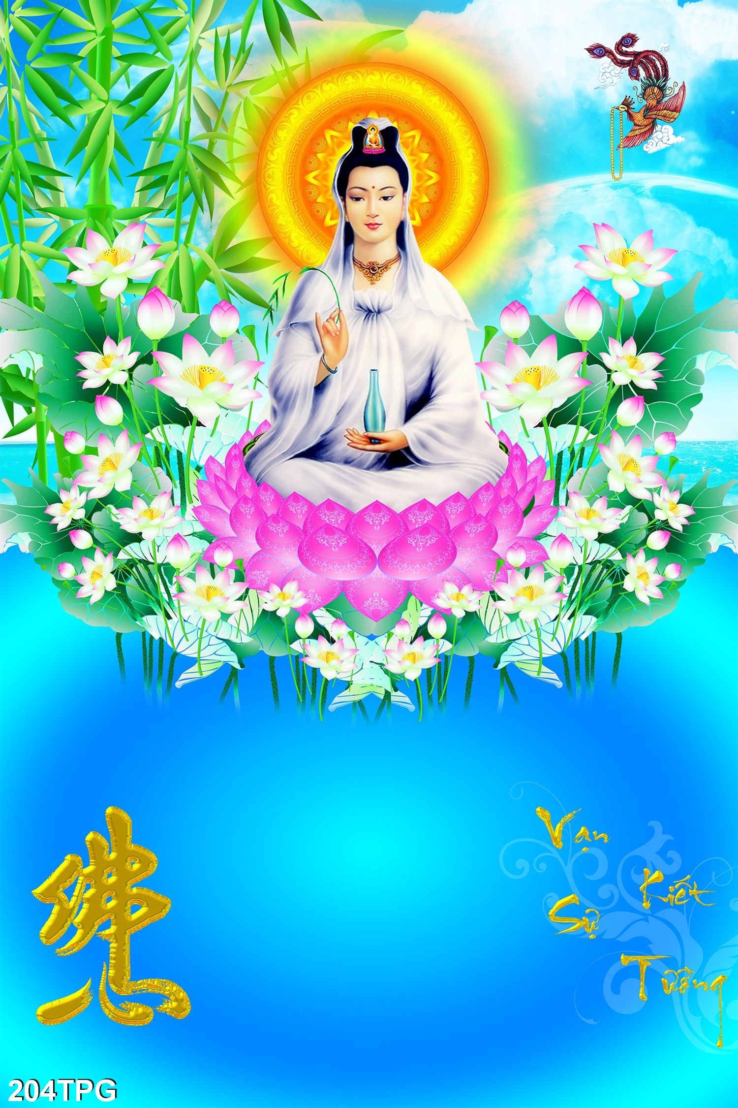TRANH DÁN TƯỜNG 3D QUAN ÂM TOẠ SEN - TRANH PHẬT GIÁO