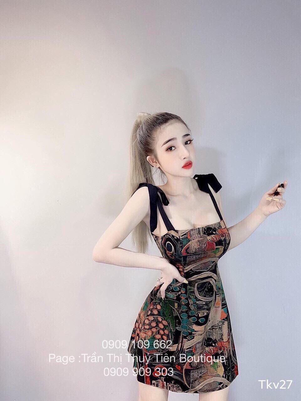 Đầm Nơ Hai Dây Họa Tiết Siêu Xinh