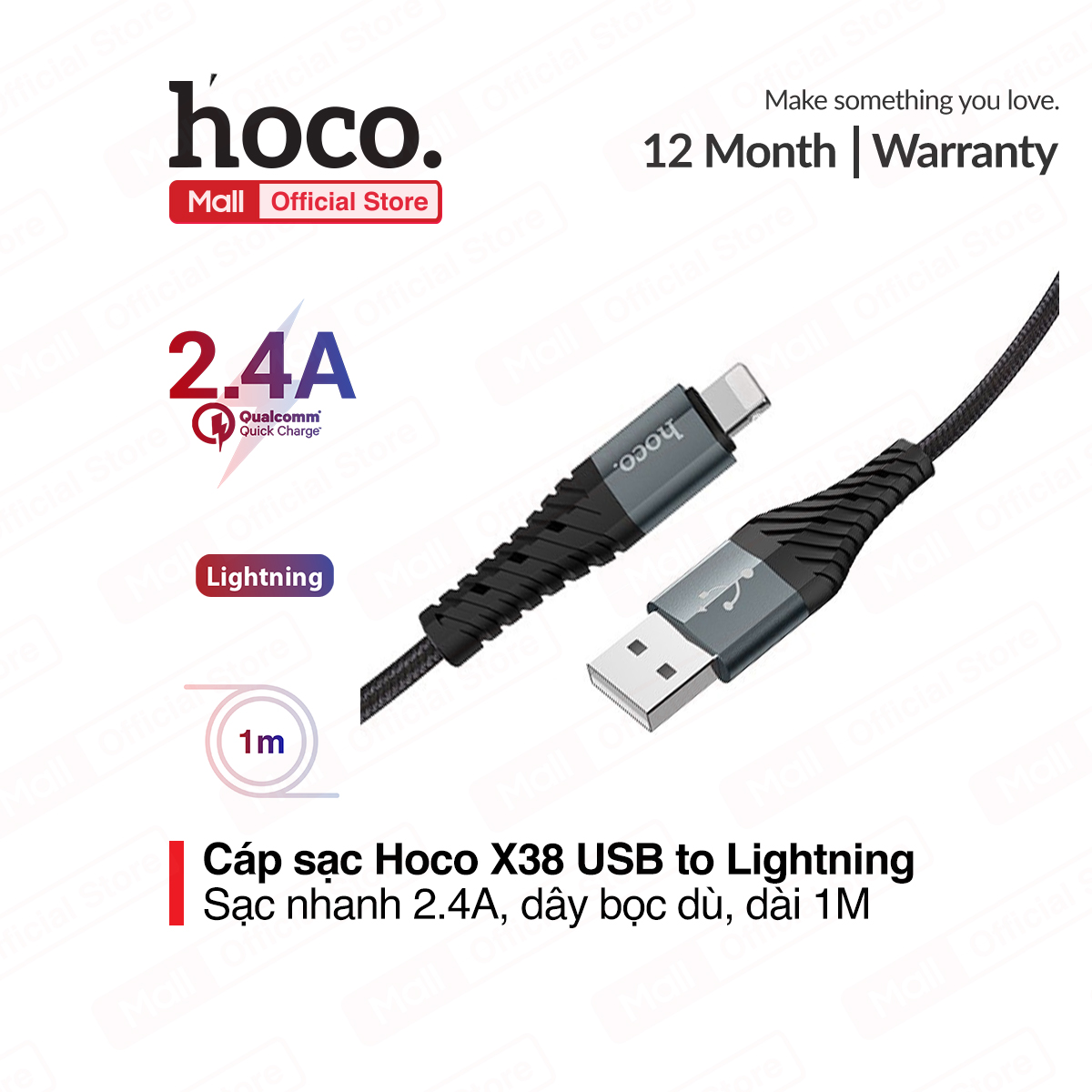 Cáp sạc nhanh và truyền dữ liệu tốc độ cao Lightning Hoco X38 cho iPhone XS max iPhone 11 iPhone 11 Pro max sạc nhanh 2.4A Max 25cm