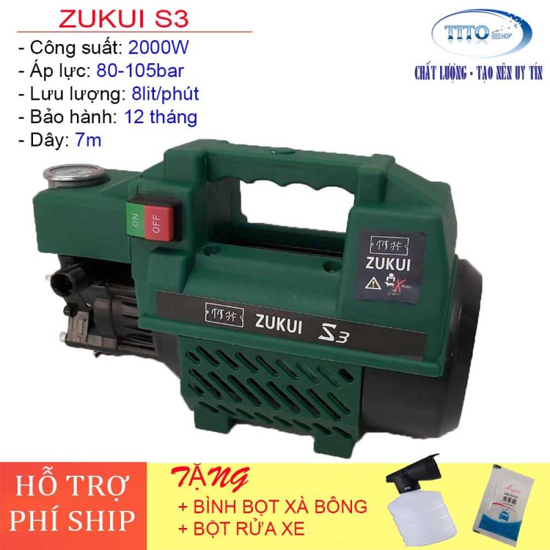 MÁY RỬA XE GIA ĐÌNH ZUKUI S3 (MÀU XANH) - 2000W - DÂY CAO ÁP 7m – tặng bình bọt xà bông