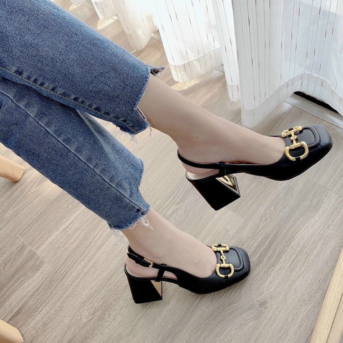 Dép sục nữ mũi vuông phối quai chữ đế vuông 7 phân cực hót trend