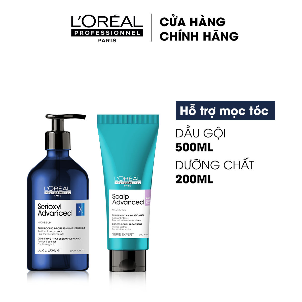 Combo làm sạch & giúp cải thiện mật độ tóc L'Oréal Professionnel Scalp Advanced - Dầu gội 500ml, Dưỡng chất 200ml