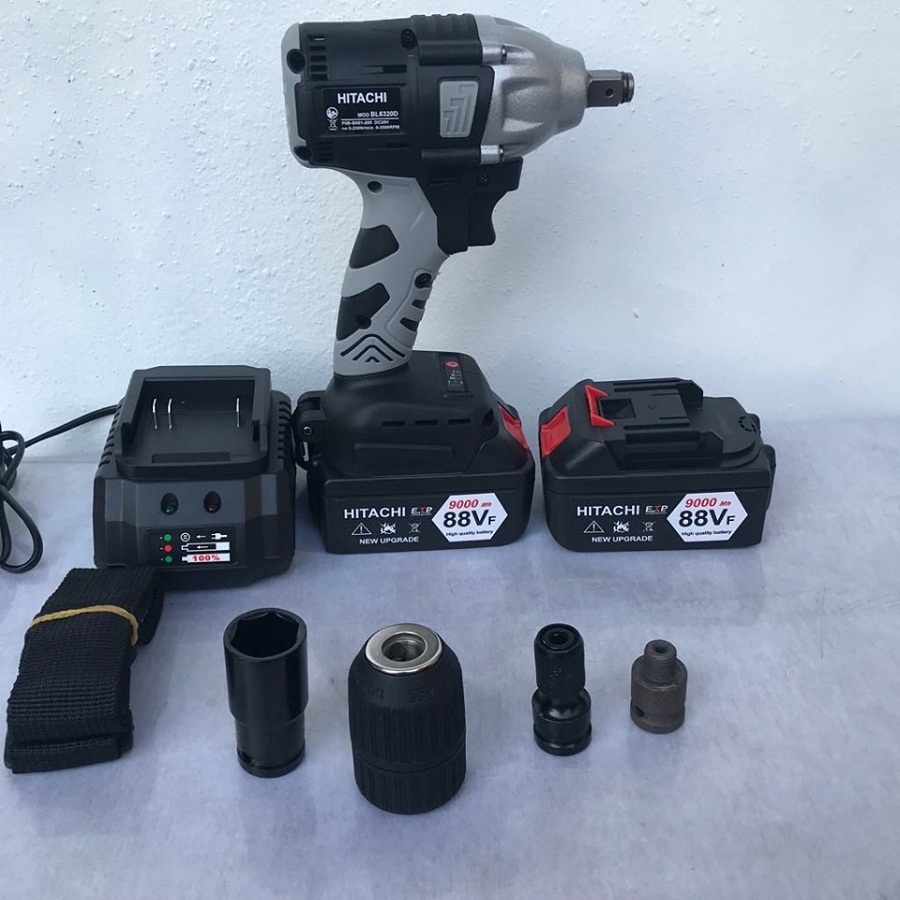 máy siết bulong hitachi 88v-không chỏi than -2 chức năng - máy 2 pin tặng đầu chuyển đổi