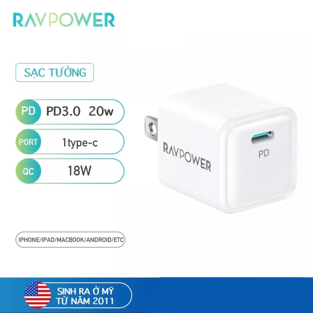 Adapter củ sạc siêu nhỏ ravpower rp-pc150 usb type c pd/pps/qc 20w sạc nhanh iphone, ipad, android - hàng chính hãng