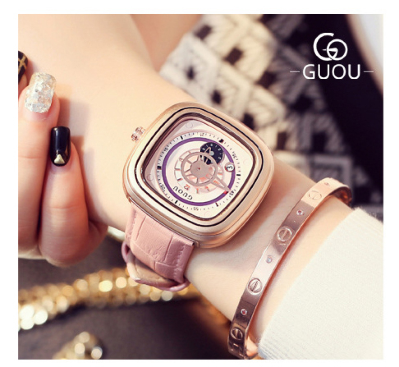 Đồng hồ nữ GUOU 8150 dây da mặt vuông size mặt lớn