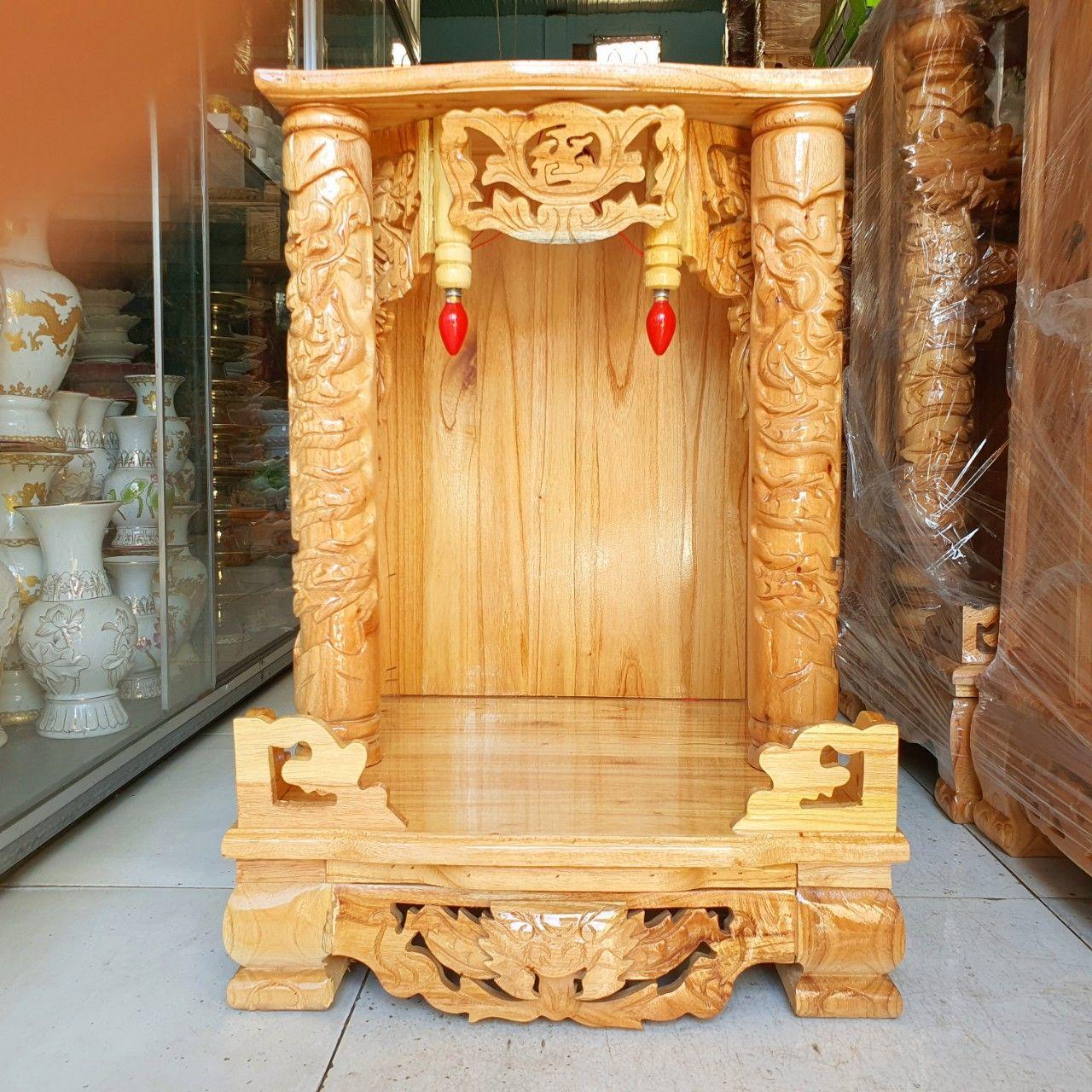 Bàn thờ thần tài ông địa gỗ xoan ngang 42cm quỳ trụ