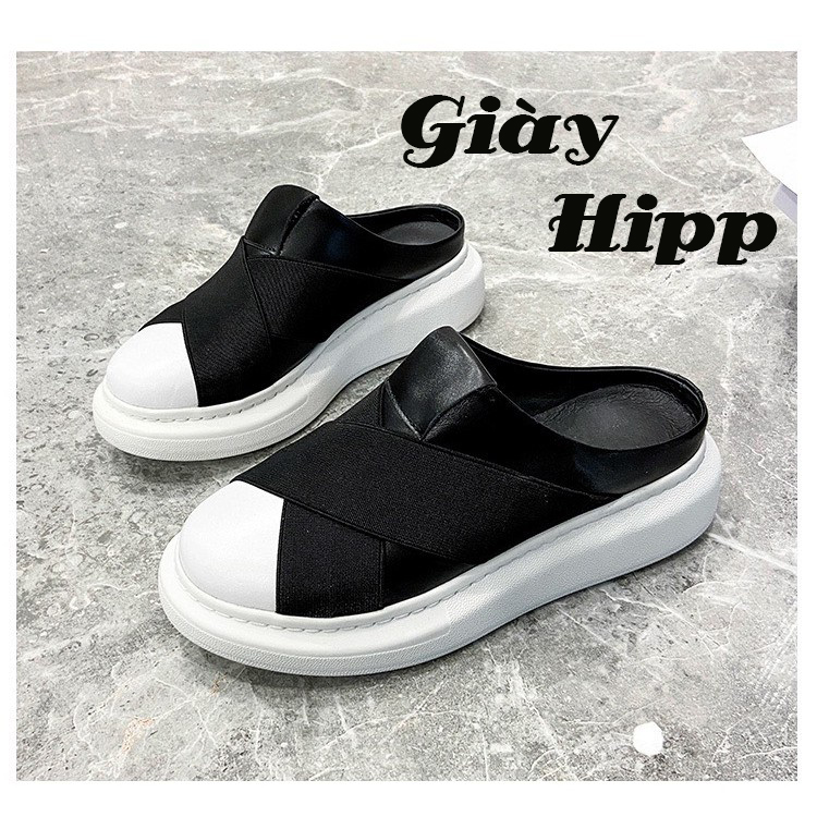Giày sục nữ độn đế chun chéo vá trắng cực bền