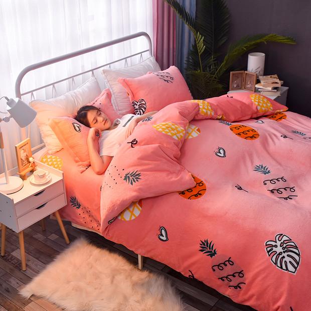 Mùa Đông Trên Giường Flano Nhung San Hô Bộ Bốn Chiếc 1.8m M Giường Vỏ Chăn Vải Flannel Vỏ Chăn Ga Trải Giường Ba Mảnh