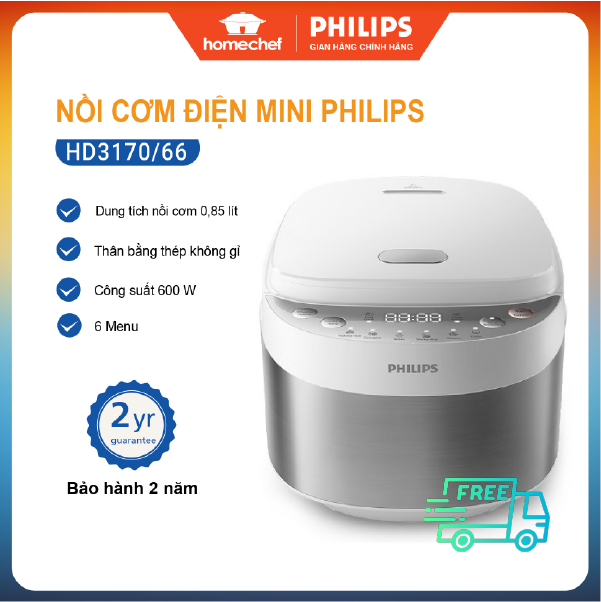 Nồi cơm điện tử philips hd3170/66- 0,85l, chế độ nấu cơm nhanh, lòng nồi 4 lớp phủ chống dính, bảo hành 2 năm
