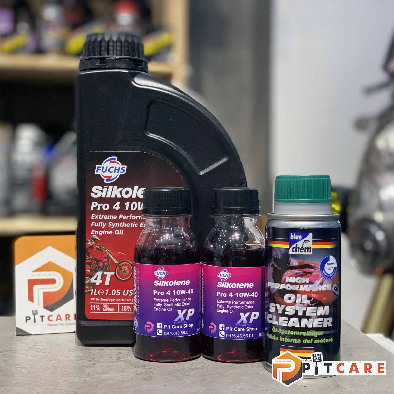 Combo thay nhớt xe máy fuchs silkolene pro 4 10w40 có chiết lẻ và dung dịch súc rửa động cơ bluechem 50ml
