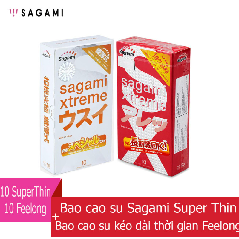Bao cao su Sagami Super Thin (hộp 10) + Bao cao su kéo dài thời gian quan hệ Sagami Fee Long (hộp 10)