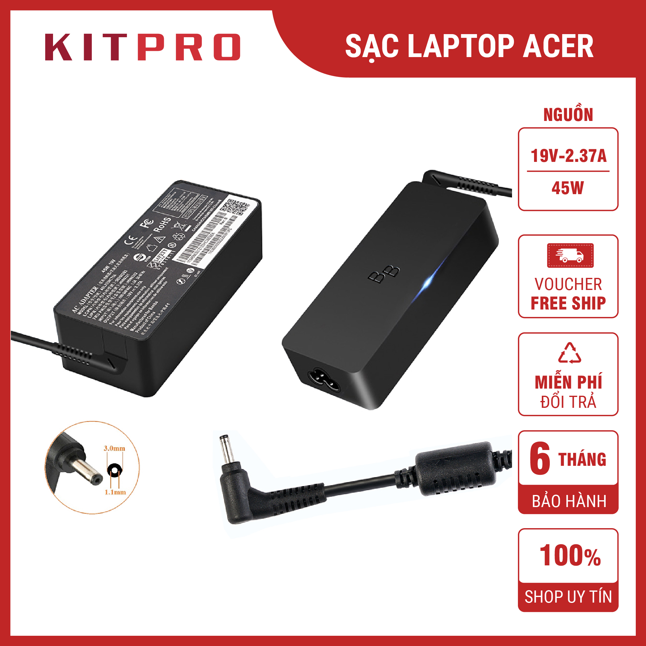 Cục Sạc Laptop Acer Đầu Nhỏ 19V 2.37A 3.42A Chuôi 3.0 x 1.1mm Adapter Laptop Dây Sạc Acer Swift Aspire 3 5 Ship Hỏa Tốc