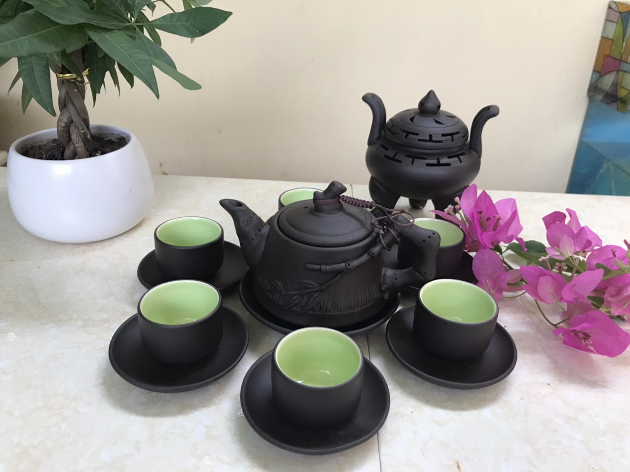 Bộ âm chén tử sa Bát Tràng - Ấm đắp trúc 250ml