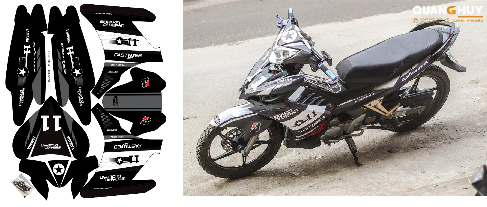 tem trùm xe máy Exciter 135 đen xám trắng chế đẹp - giá rẻ - tem decal 135 đen trắng cực chất