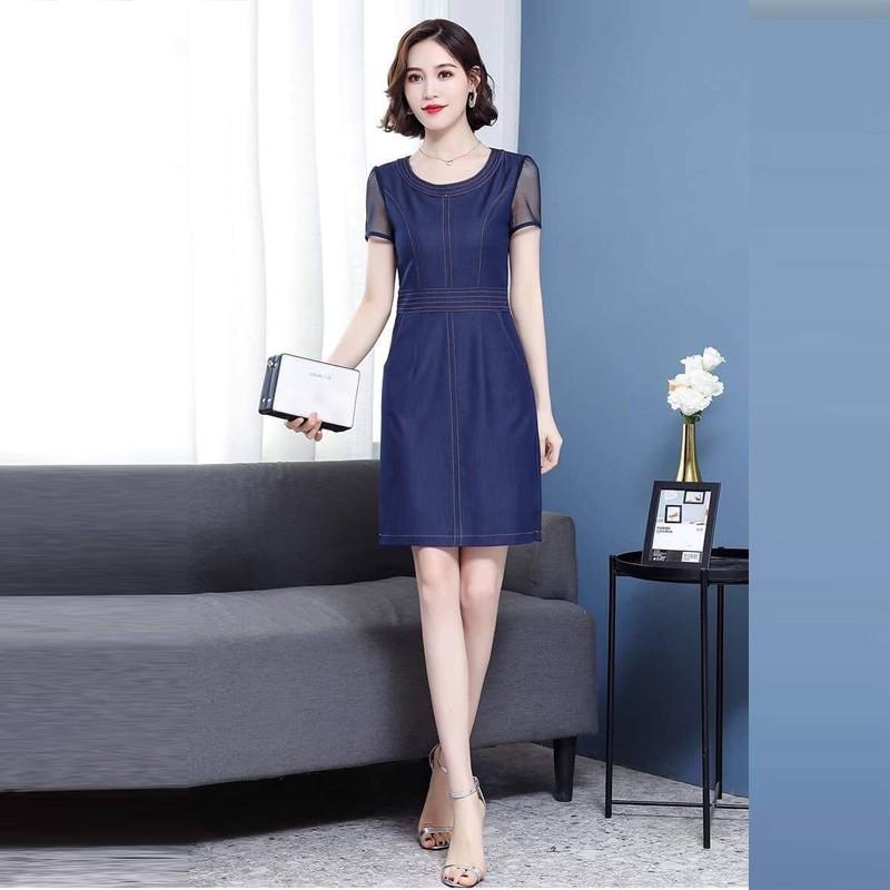 [HCM]Đầm Jean Ôm Body Phối Tay Voan