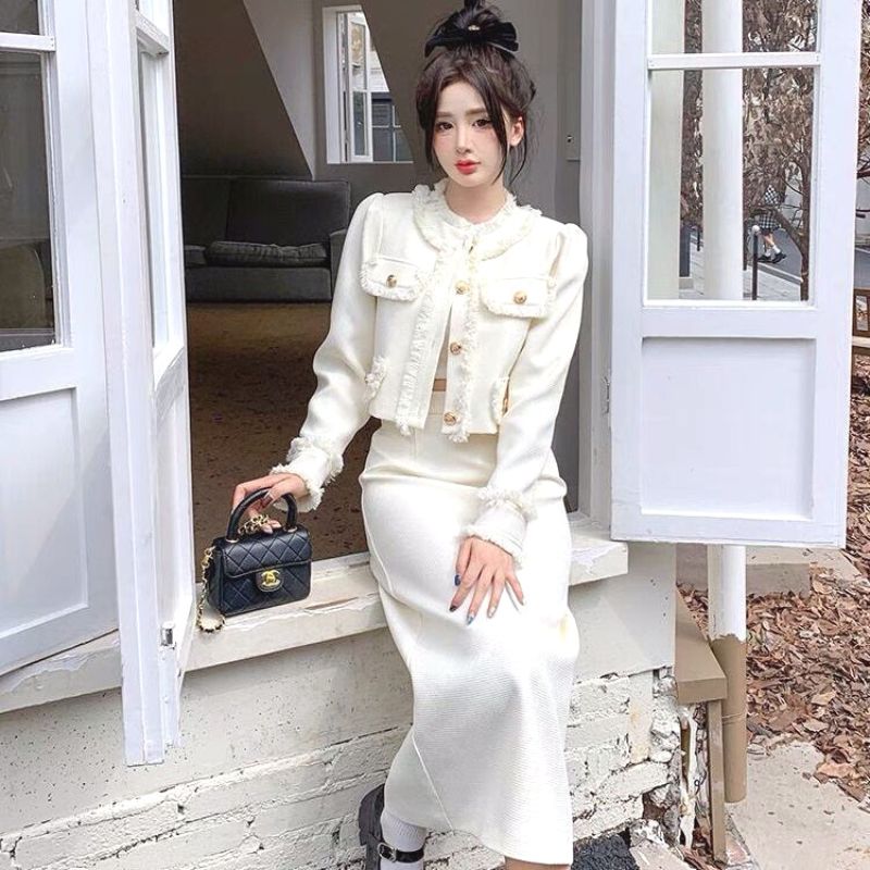 Váy dạ Tweed trắng cổ trễ siêu dễ thương | Shopee Việt Nam