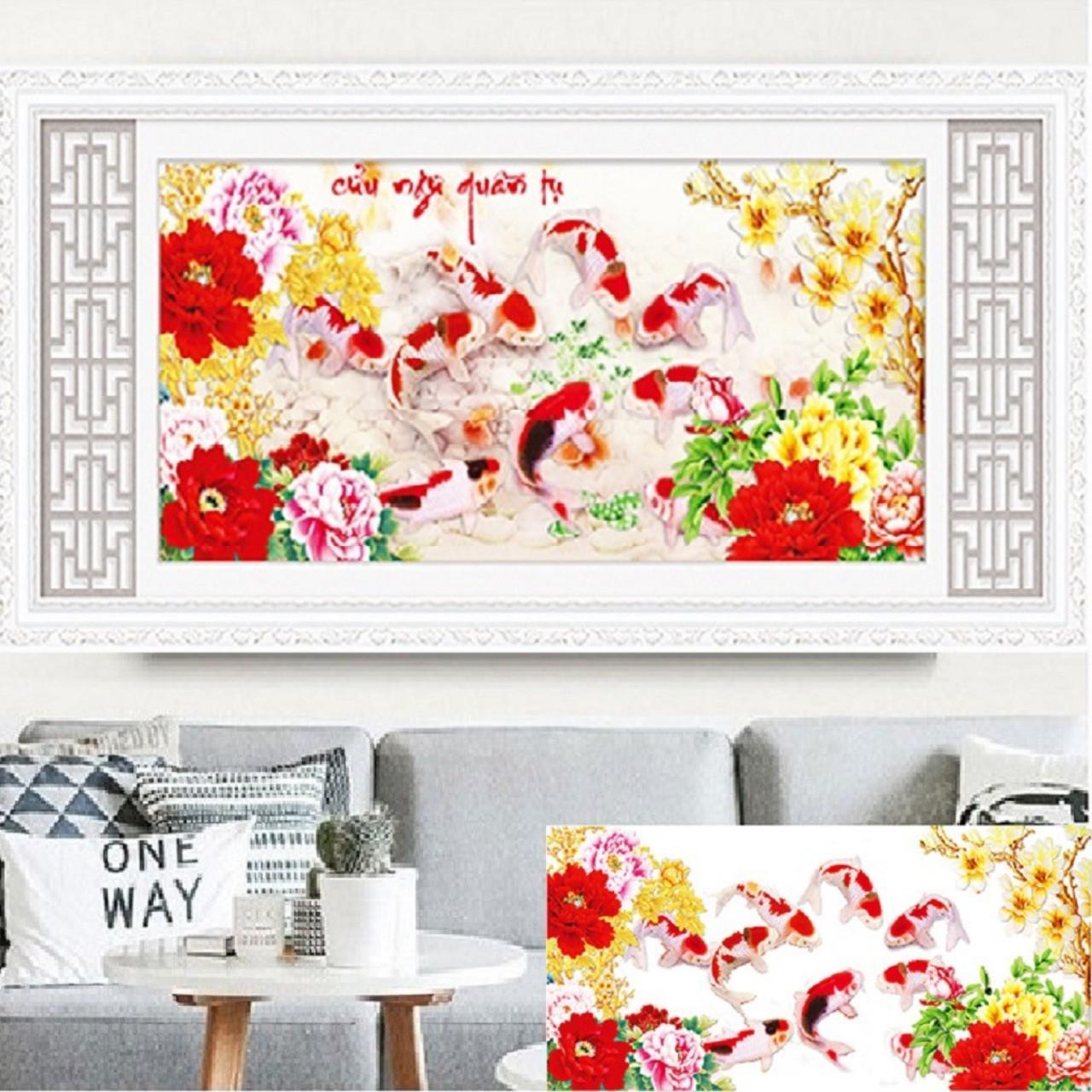 TRANH THÊU 3D CỬU NGƯ QUẦN HỘI 125x61cm