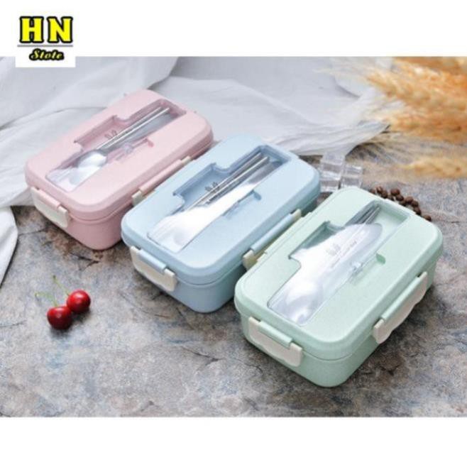Hộp đựng cơm văn phòng lúa mạch 3 ngăn tặng kèm thìa đũa inox