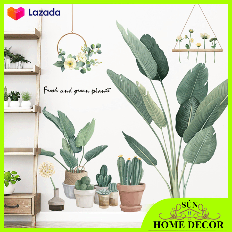 [Hàng đẹp] Tranh dán tường khóm chuối cảnh và các chi tiết chậu hoa siêu đẹp, DECAL DÁN TƯỜNG HÀN QUỐC PHONG CÁCH NHIỆT ĐỚI