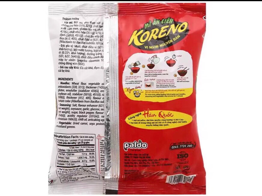 Lốc 6 gói Mì KORENO vị Bò Cay 75g.