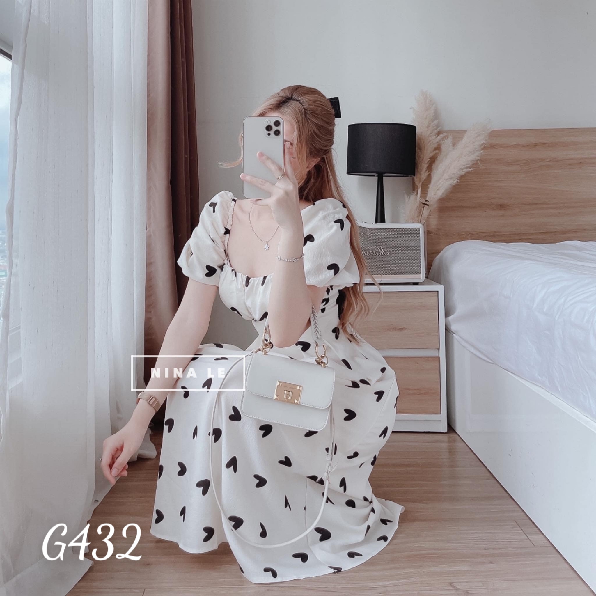 Đầm voan lụa nữ in trái tim cột nơ lưng dáng xoè g432