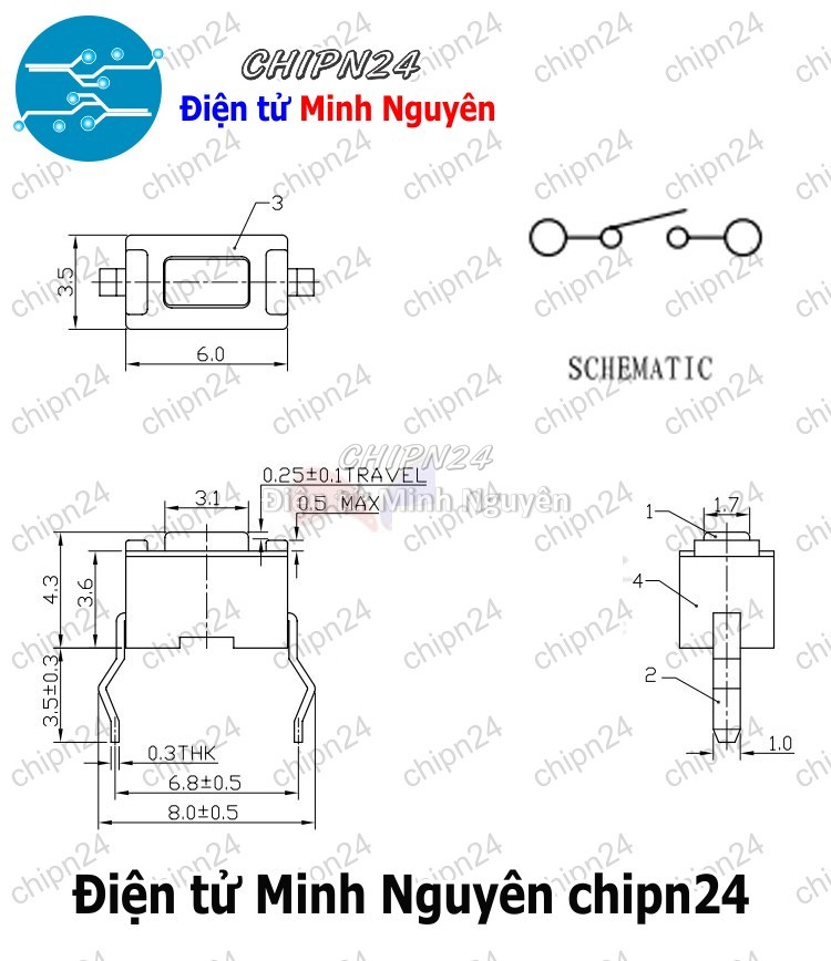 [10 cái] (K79) Nút nhấn 2 chân 3x6x4.3mm DIP Trắng - HH003210