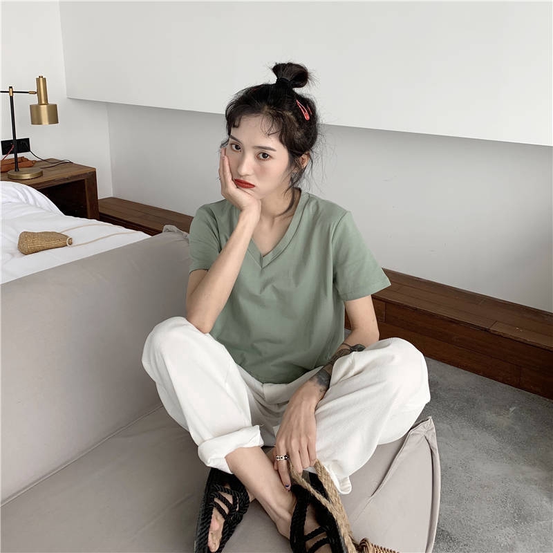 Áo thun nữ croptop cổ tim Đủ màu siêu dễ thương