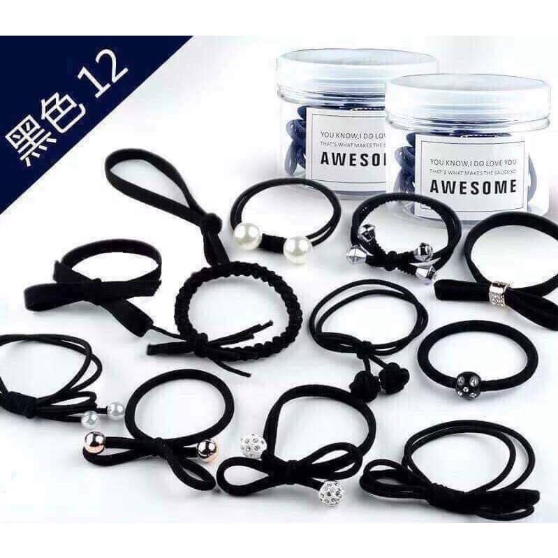 Hộp 12 chun buộc tóc nhiều kiểu.