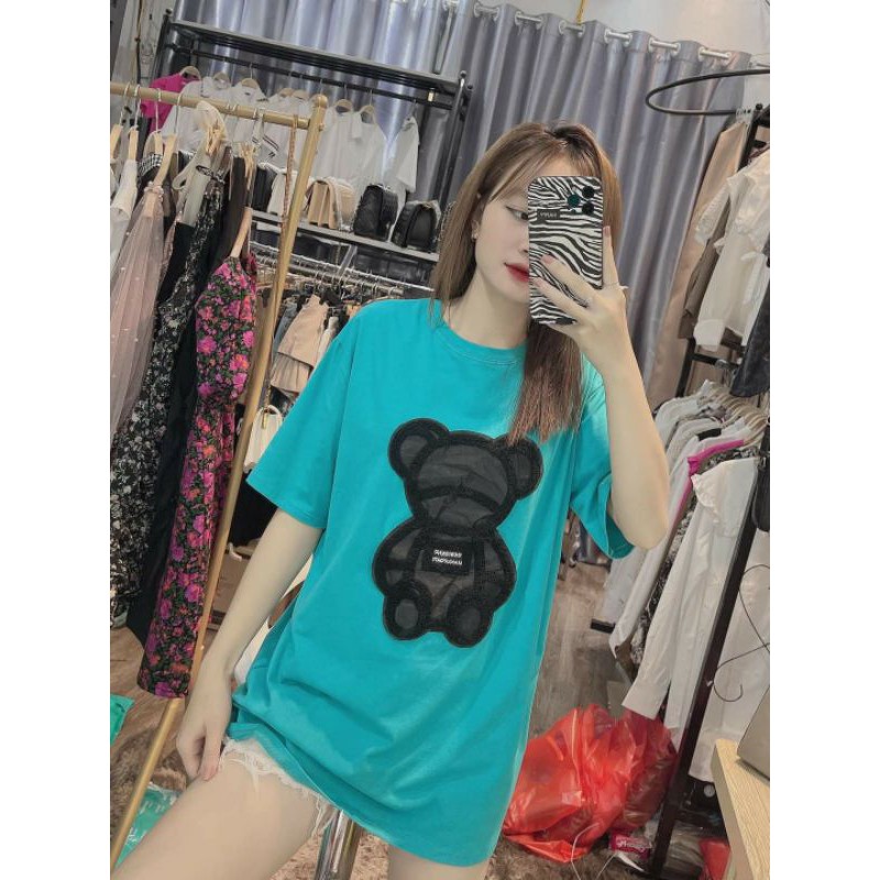 Áo phông gấu lông thêu fom rộng cá tính