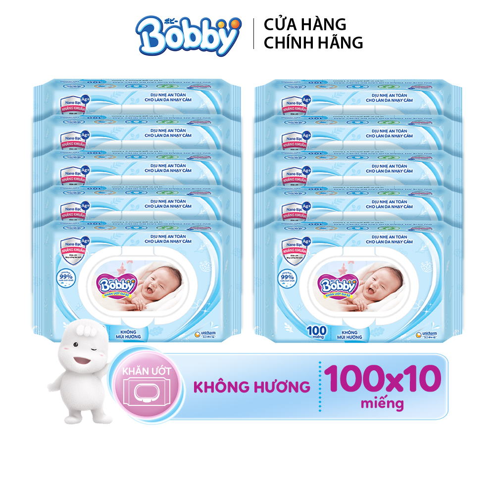 Combo 10 khăn ướt Bobby care không mùi 100 miếng