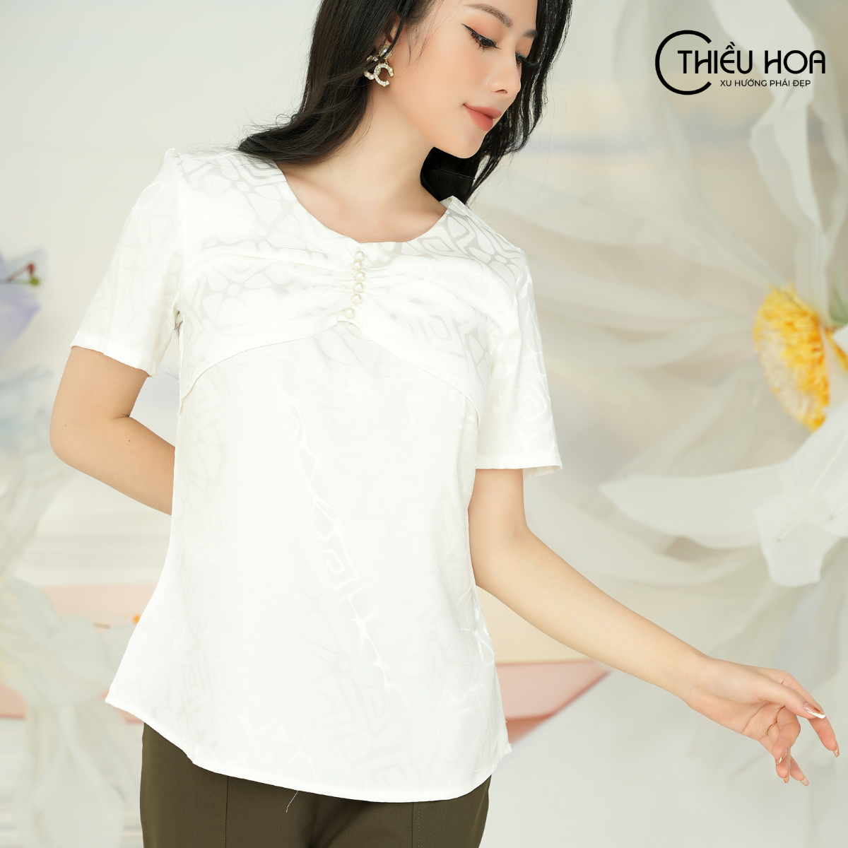Áo lụa kiểu nữ thanh lịch, sang trọng thương hiệu Thiều Hoa L0910