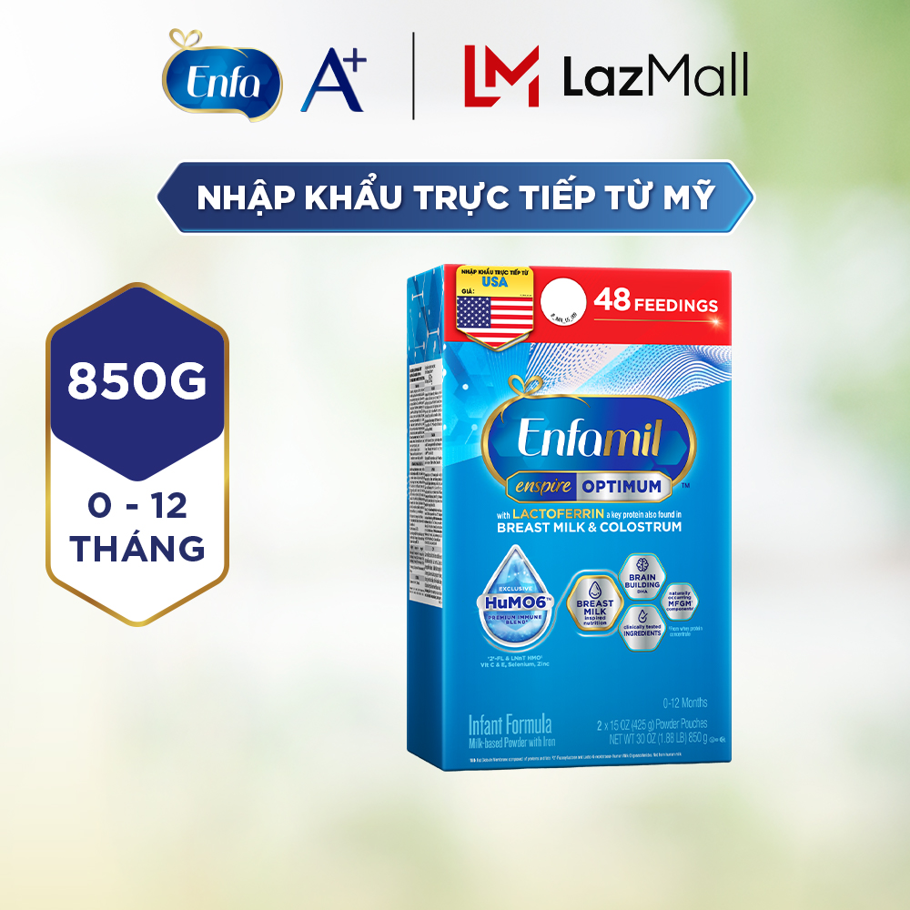 [Nhập khẩu chính ngạch từ Mỹ] Sữa bột Enfamil Enspire Infant 850g dành cho trẻ 0-12 tháng tuổi (hộp 2 túi thiếc 425g). Có chứa MFGM và Lactoferrin