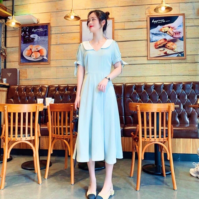 Đầm mint phối cổ trắng