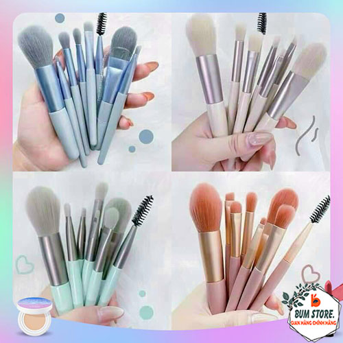 Full Bộ cọ 8 cây makeup lông mềm mịn tặng kèm túi Zip Vintage, Bộ cọ trang điểm cá nhân gốm 8 cây chính hãng