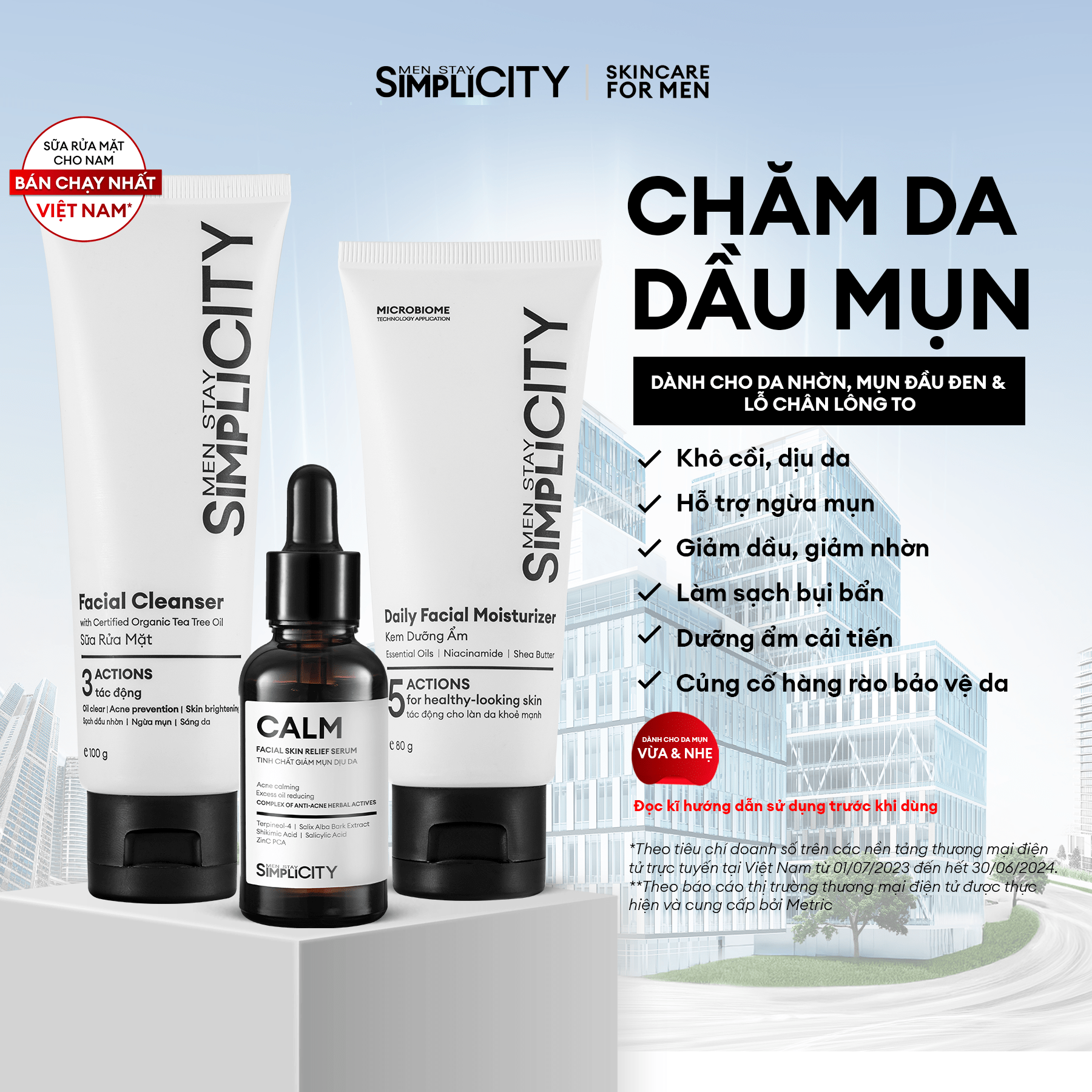 Bộ sản phẩm chăm sóc da dầu mụn cho nam: Men Stay Simplicity Acne Relief Skincare Trio